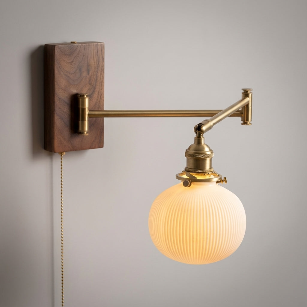 Wood Toned Brass Finish Extendable Swivel Arm Globe Wall Light