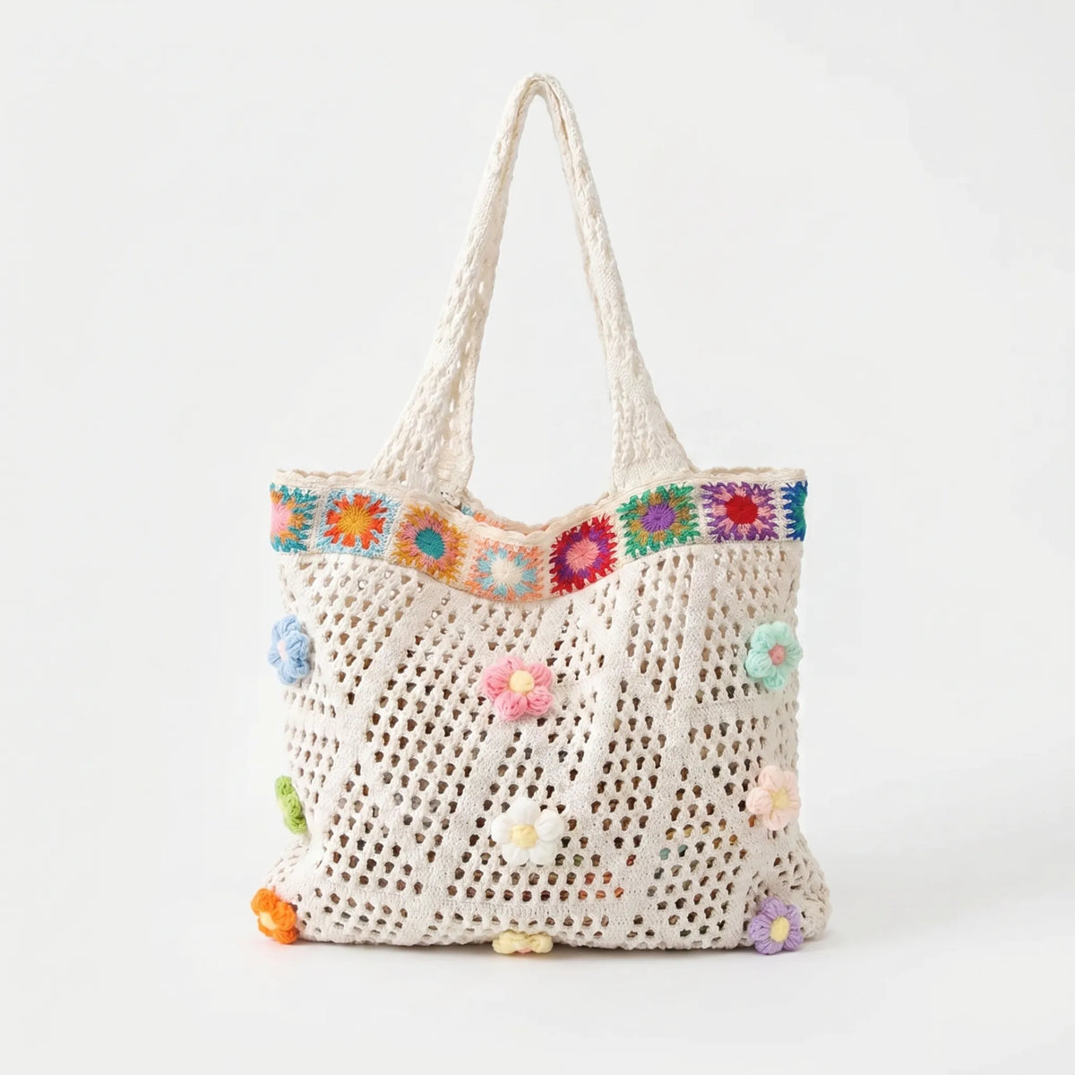 Slouchy Crochet Flower Open Weave Cotton Shoulder Tote Handbag