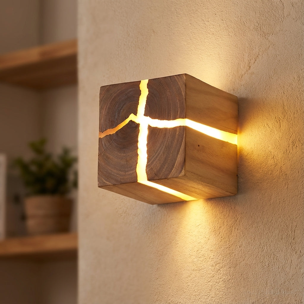Handcrafted Wooden Cube Cracked Grain Wall Light