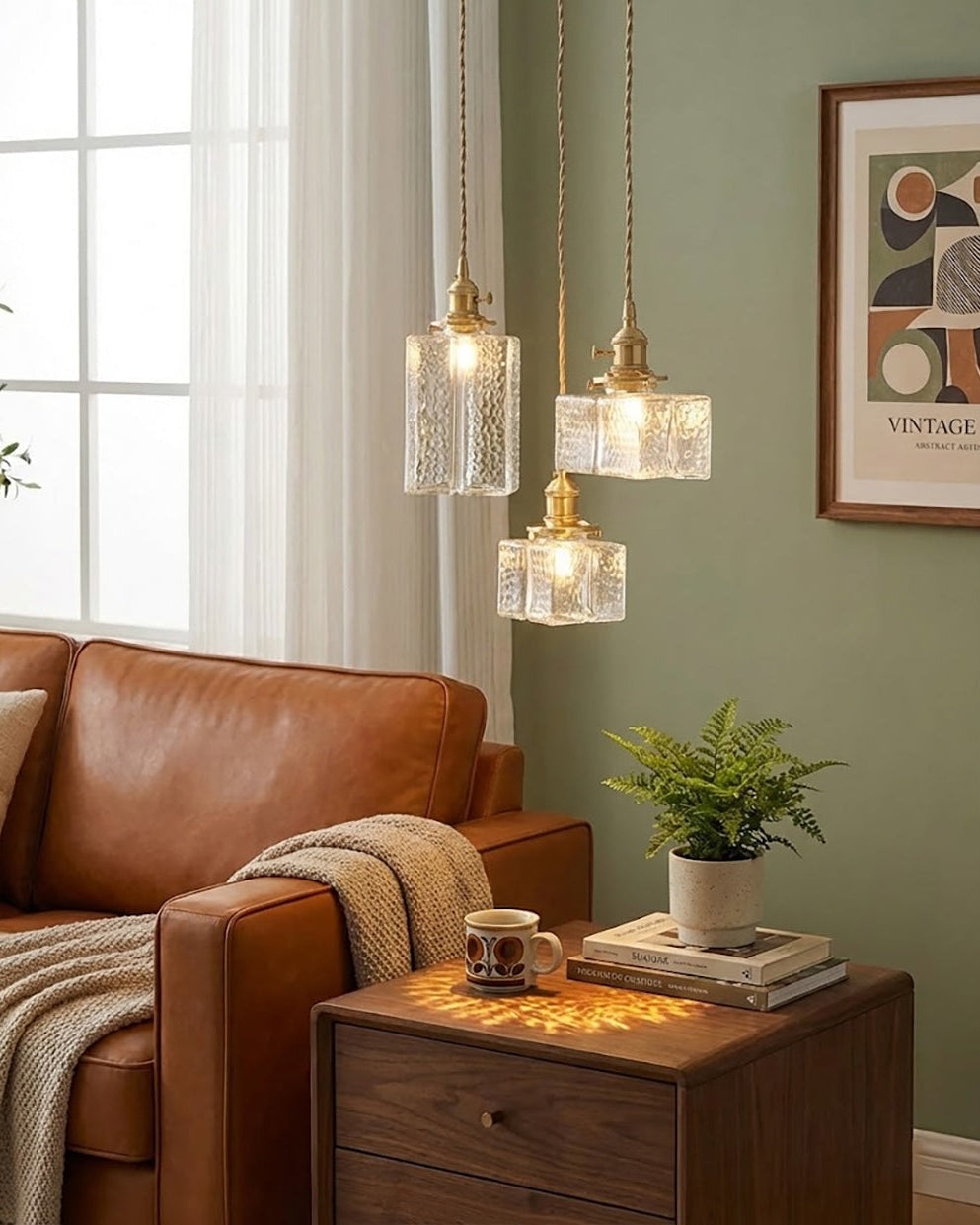 Sculptural Glass and Brass Adjustable Hardwired Kitchen Pendant Light