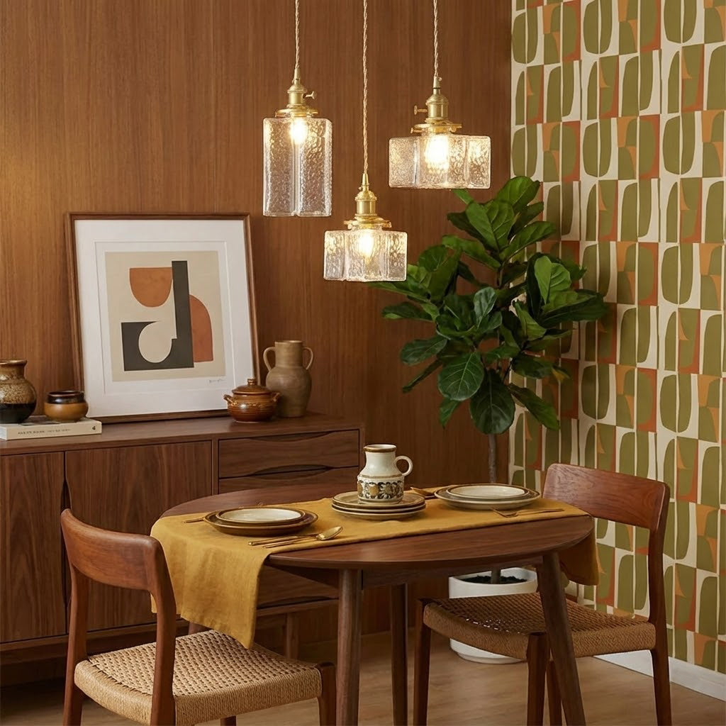 Sculptural Glass and Brass Adjustable Hardwired Kitchen Pendant Light
