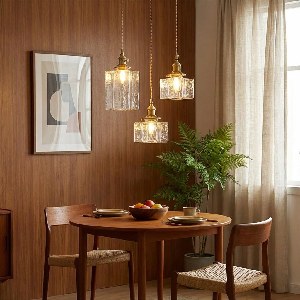 Sculptural Glass and Brass Adjustable Hardwired Kitchen Pendant Light