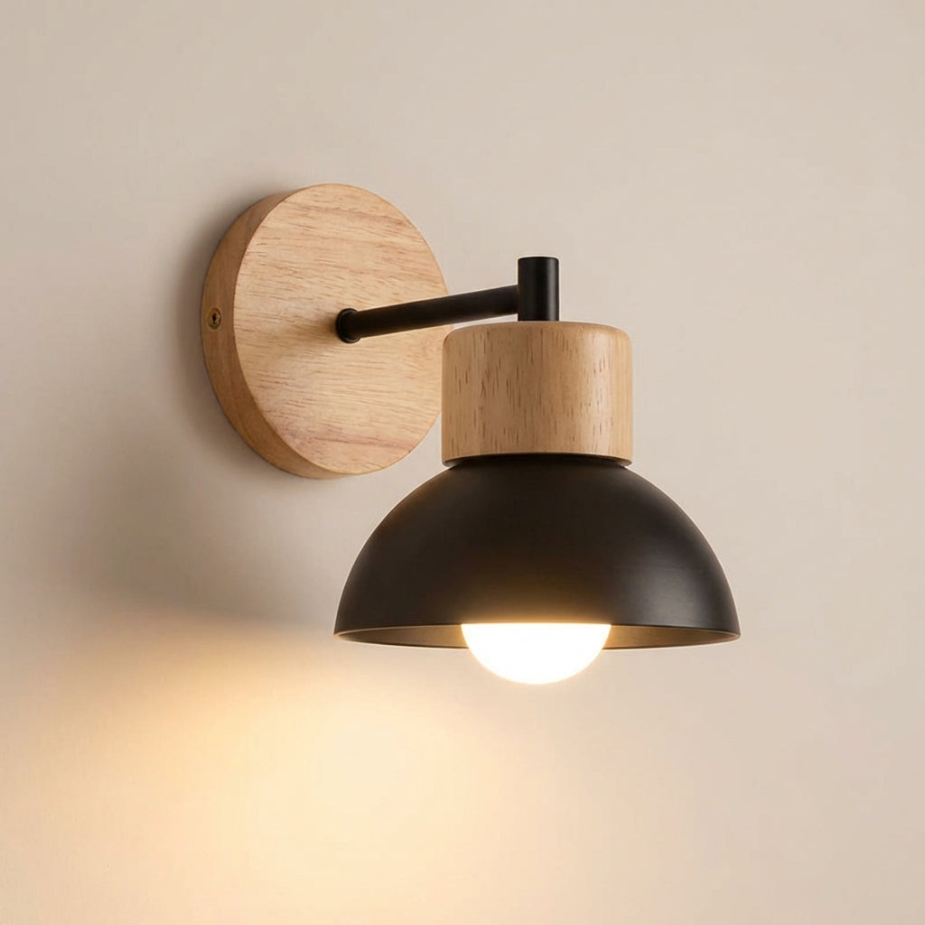 Minimalist Wood Accent Matte Metal Shade Wall Light