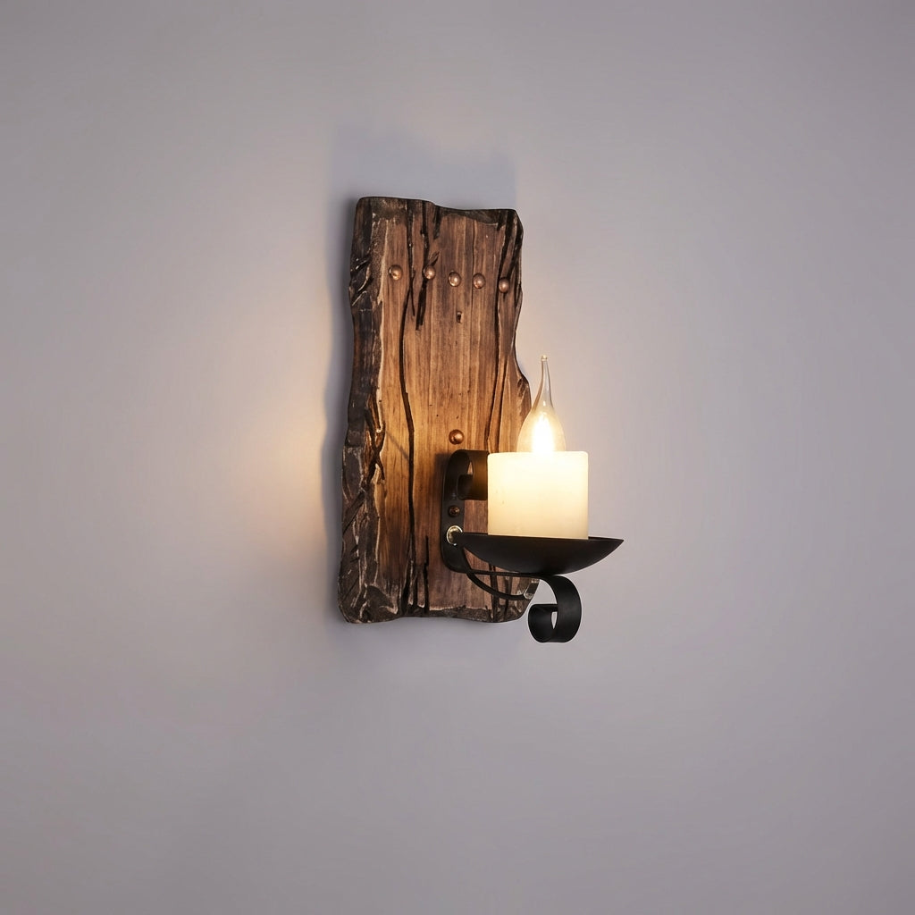 Rustic Handcrafted Natural Wood Grain Vintage Candlelike Wall Light
