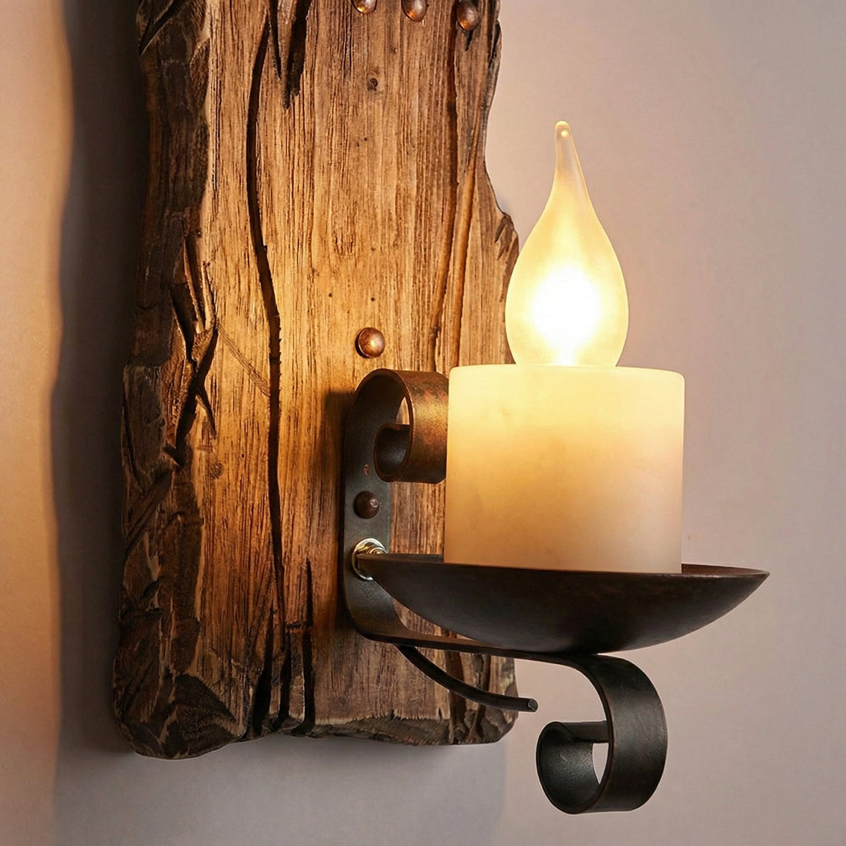 Rustic Handcrafted Natural Wood Grain Vintage Candlelike Wall Light