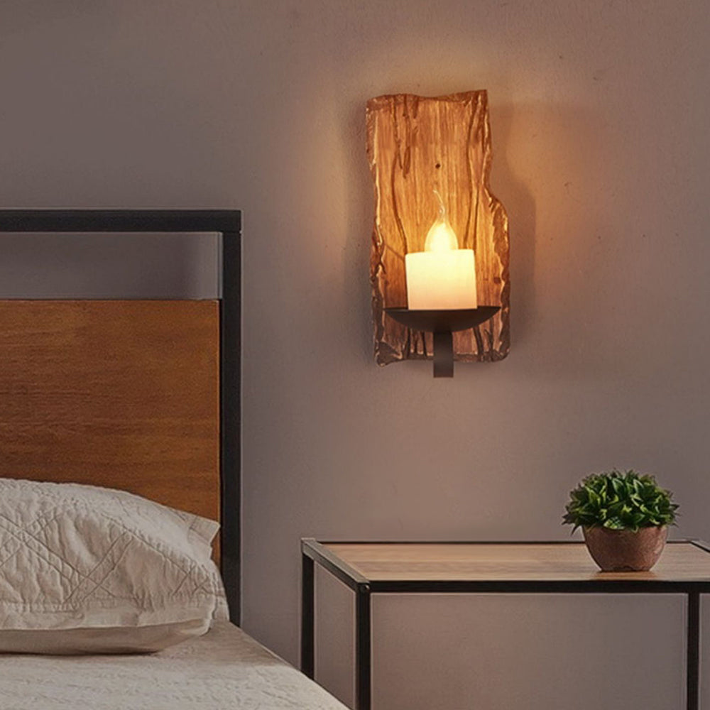 Rustic Handcrafted Natural Wood Grain Vintage Candlelike Wall Light