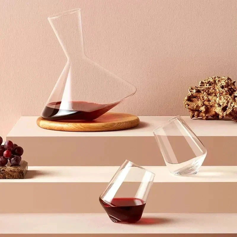 Angular Glass Rotating Wine Decanter With Wooden Base