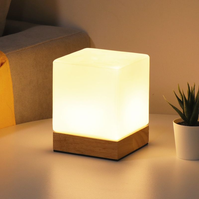 Minimalist Cubic Wood Frosted Glass Table Lamp