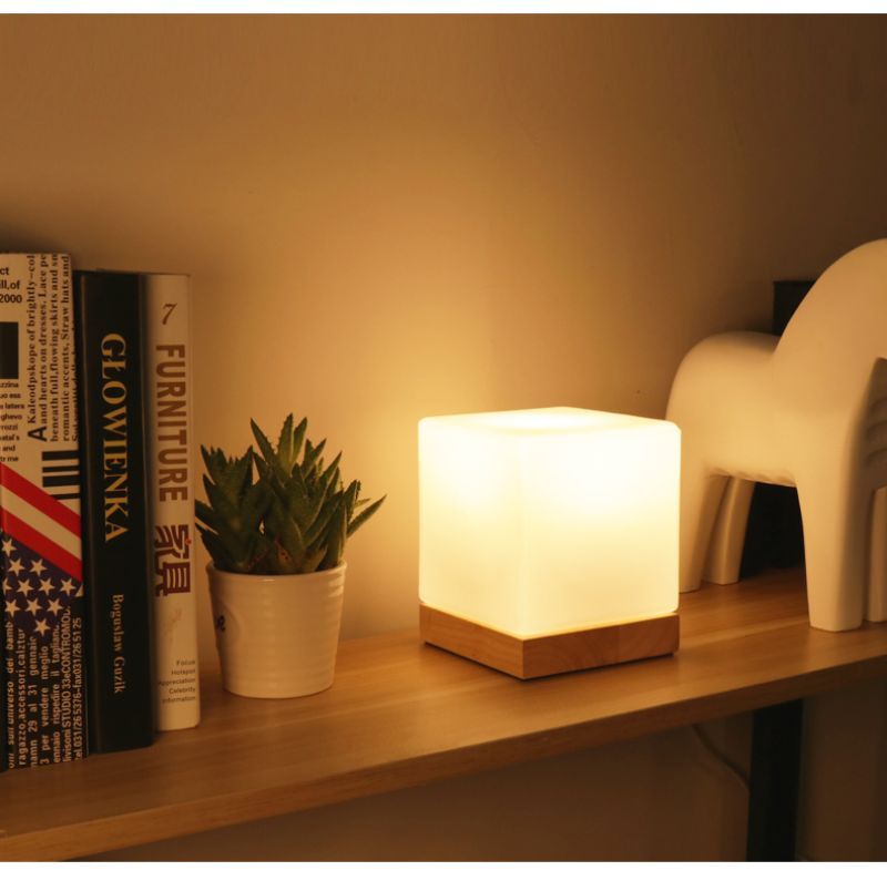 Minimalist Cubic Wood Frosted Glass Table Lamp