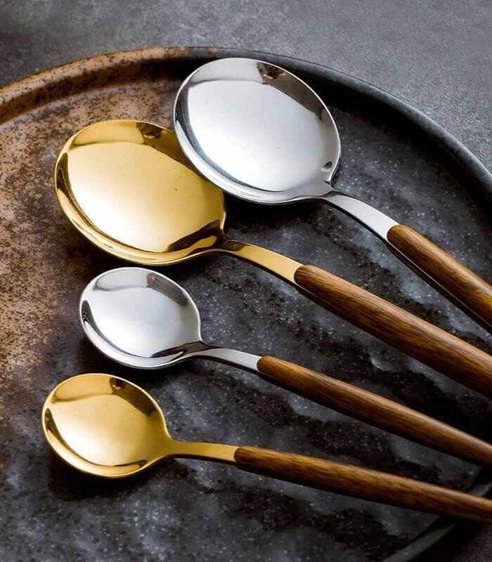 Polished Stainless Steel Wood Accent Handle Flatware Cutlery Set