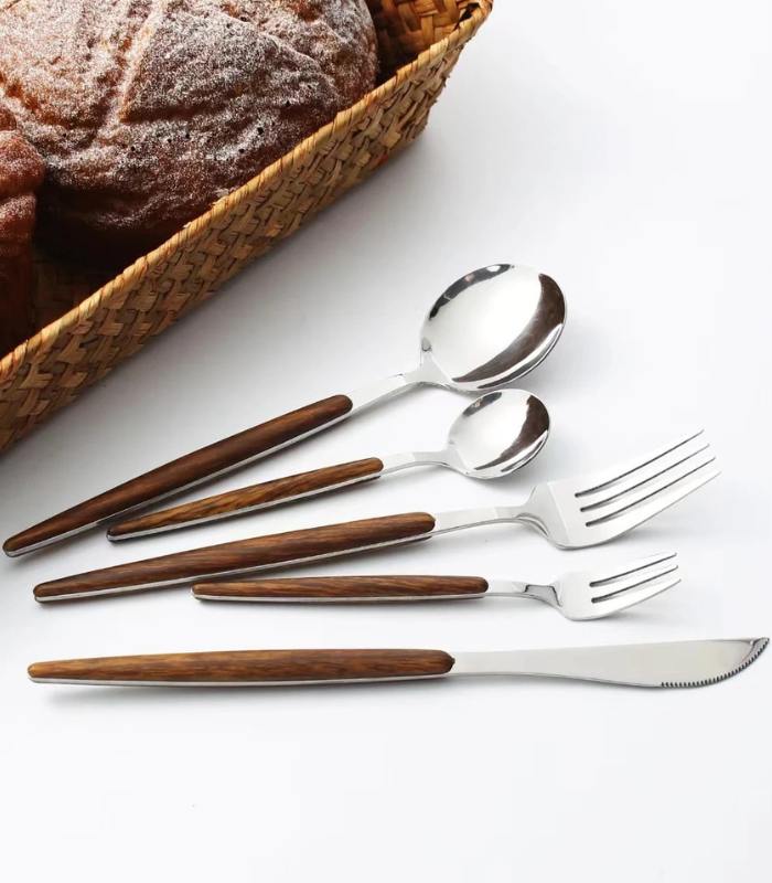 Polished Stainless Steel Wood Accent Handle Flatware Cutlery Set