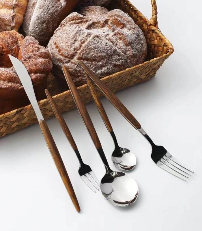Polished Stainless Steel Wood Accent Handle Flatware Cutlery Set