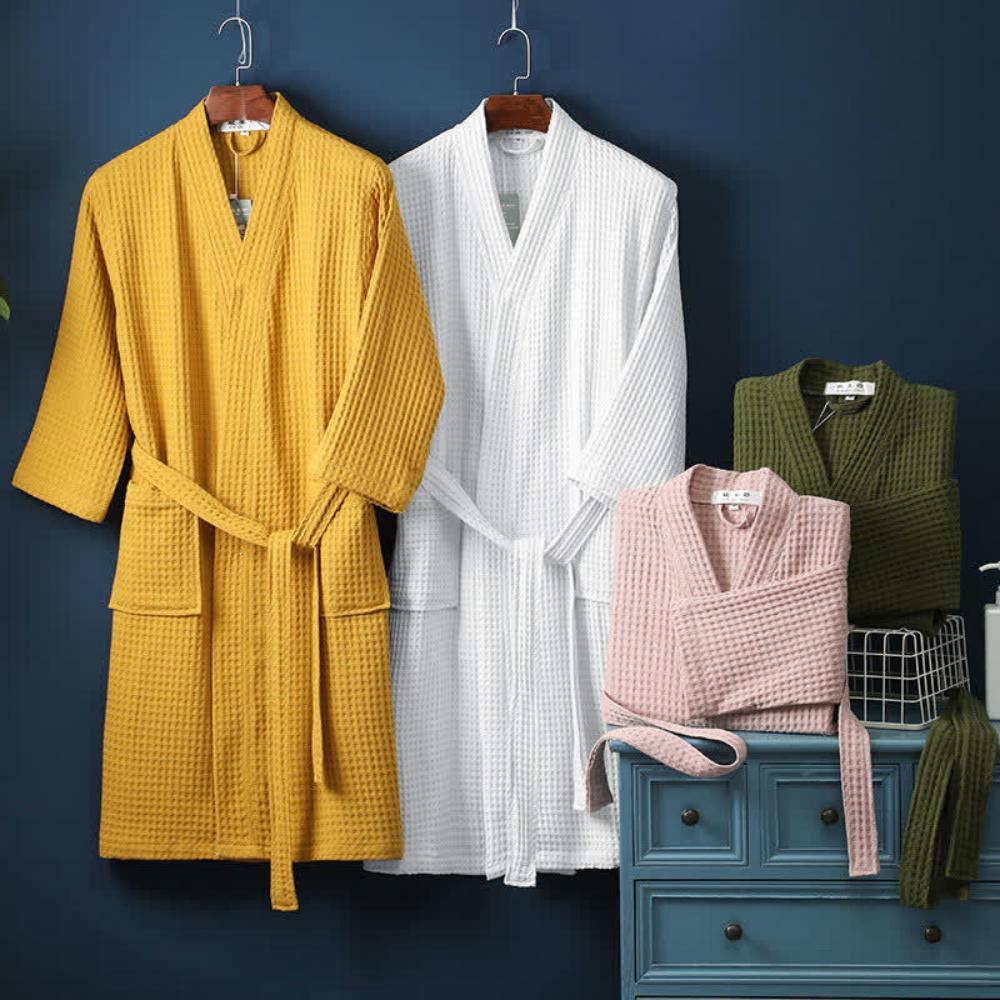 Lightweight Waffle Textured Cotton V-Neck Bathrobe With Adjustable Belt