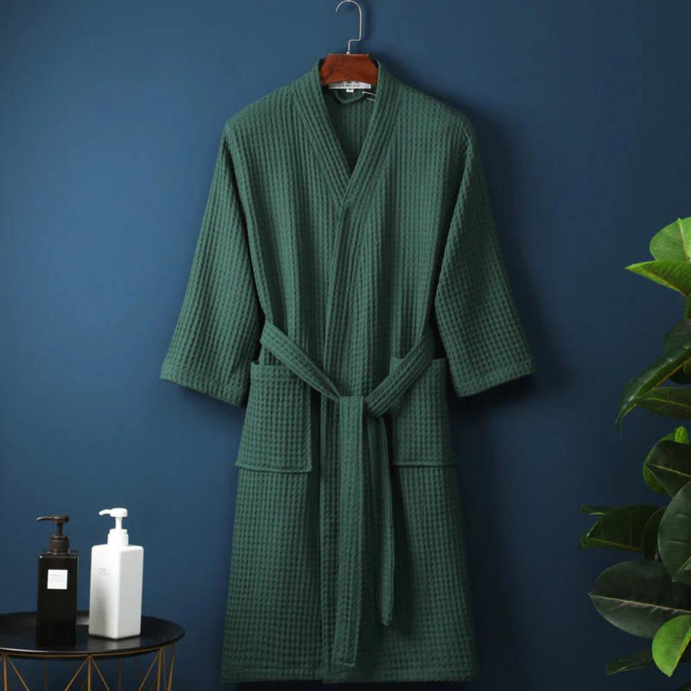 Lightweight Waffle Textured Cotton V-Neck Bathrobe With Adjustable Belt