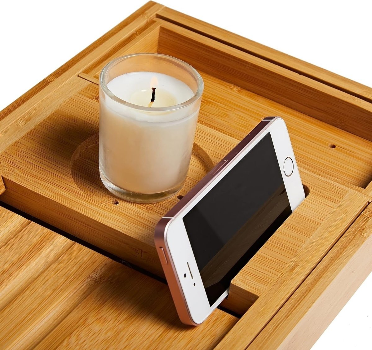 Natural Bamboo Adjustable Expandable Bathtub Caddy Tray With Book And Tablet Holder