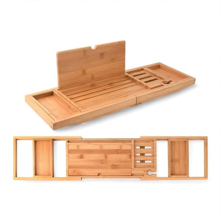 Natural Bamboo Adjustable Expandable Bathtub Caddy Tray With Book And Tablet Holder