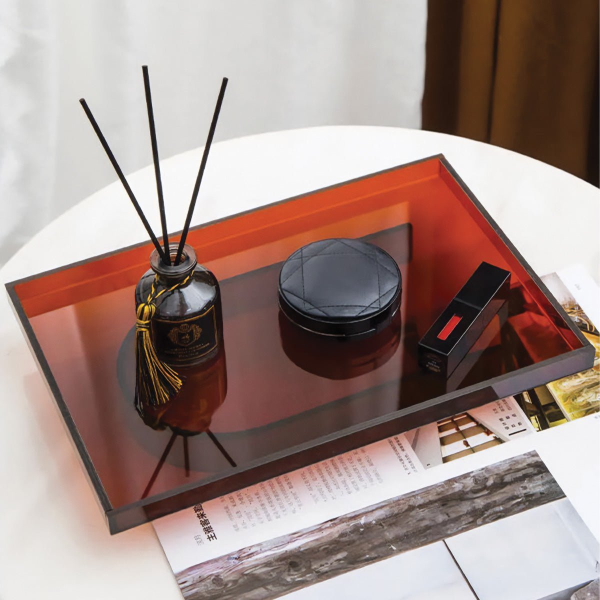 Modern Amber Acrylic Rectangular And Round Serving Tray
