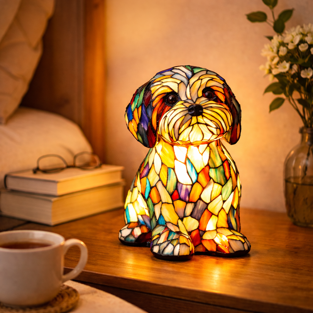 Mosaic Stained Glass Dog Design Table Lamp