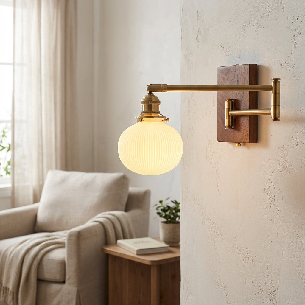 Wood Toned Brass Finish Extendable Swivel Arm Globe Wall Light
