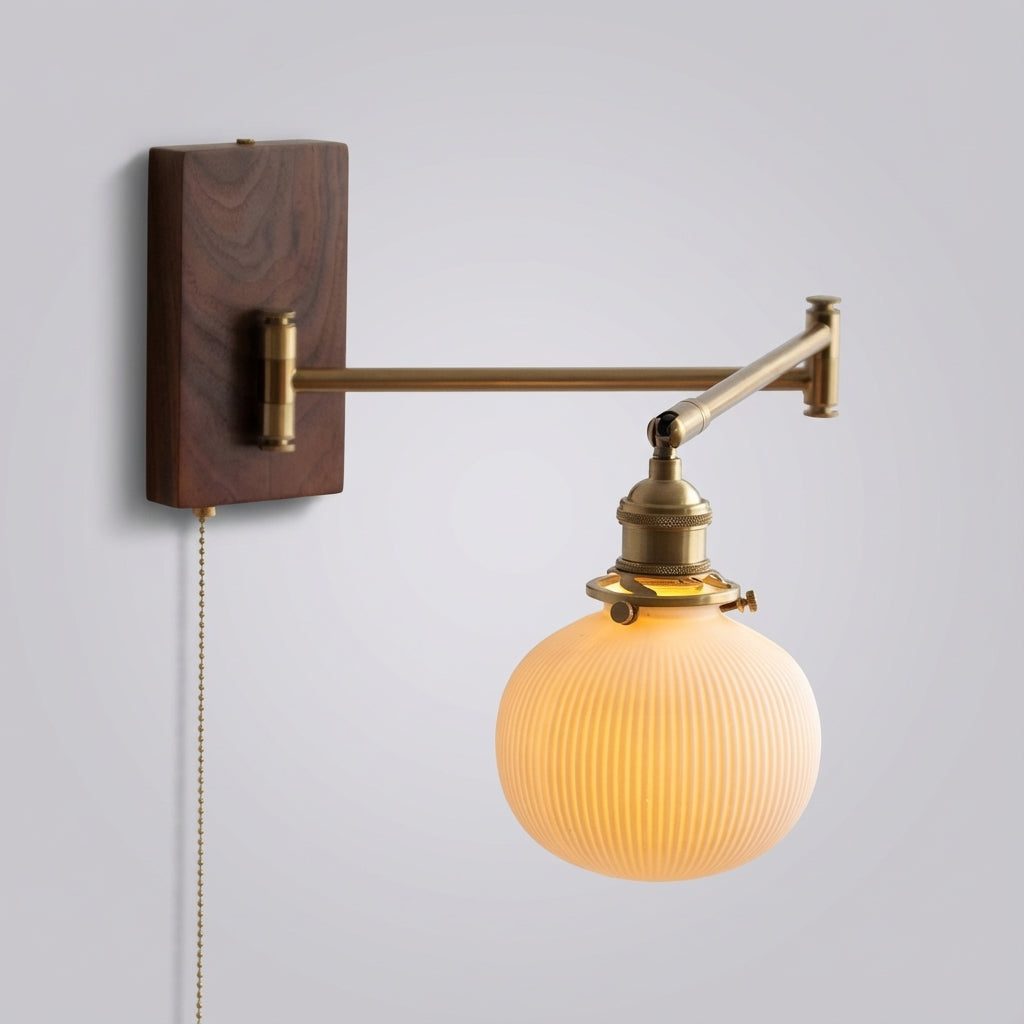 Wood Toned Brass Finish Extendable Swivel Arm Globe Wall Light