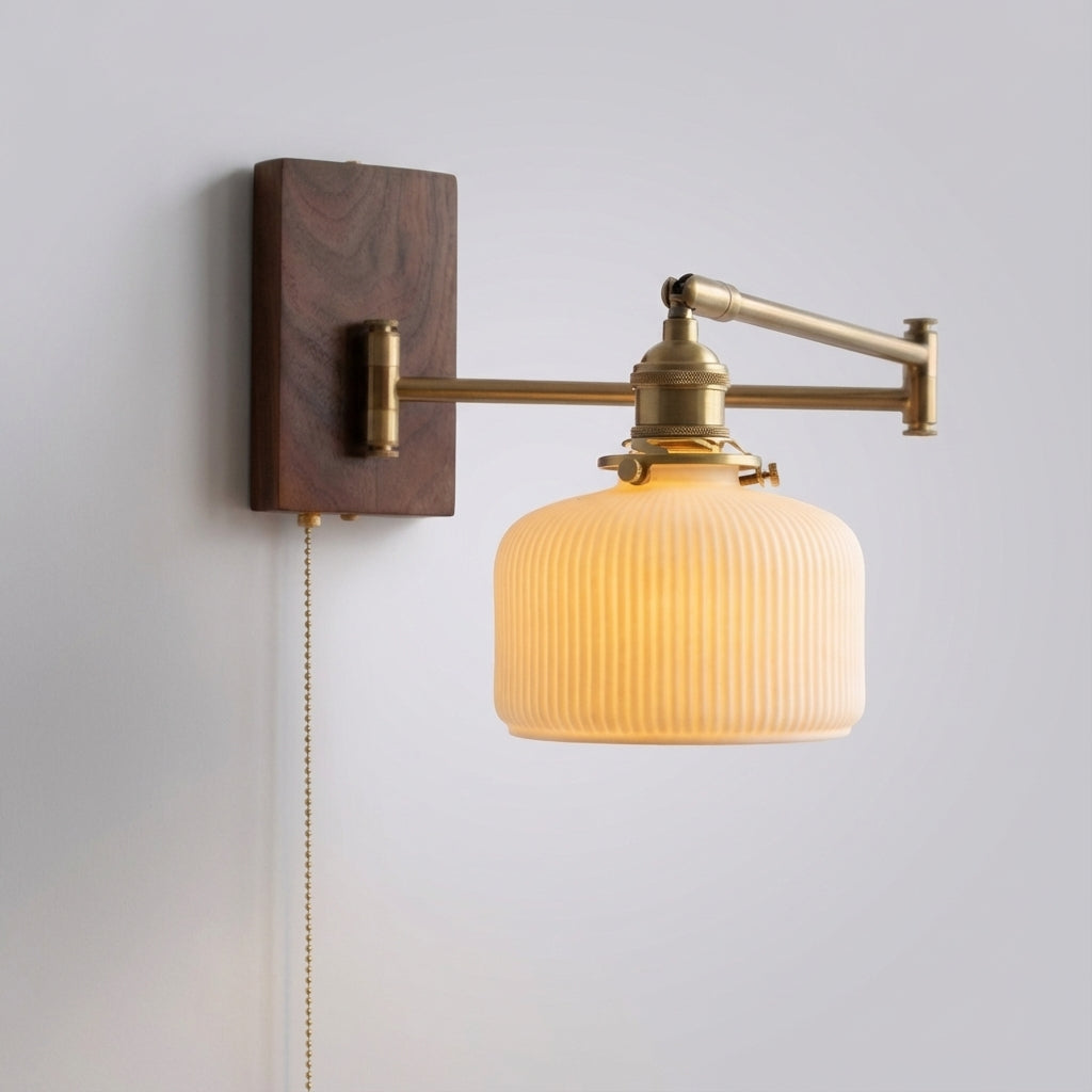 Wood Toned Brass Finish Extendable Swivel Arm Globe Wall Light