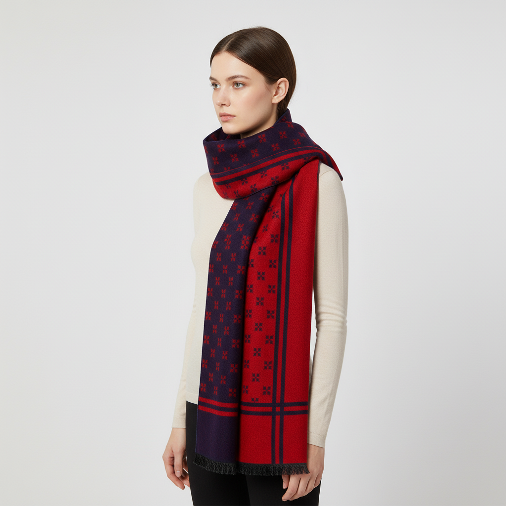 Checkered Knit Blend Fringed Hem Scarf
