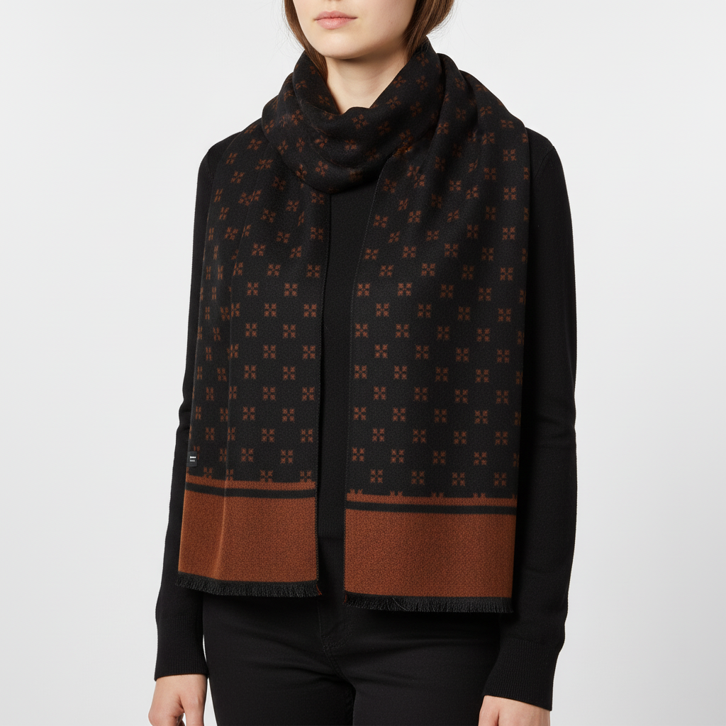 Checkered Knit Blend Fringed Hem Scarf