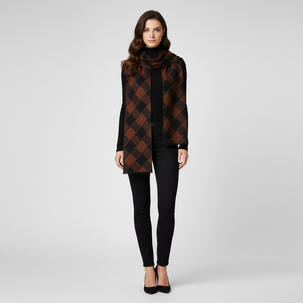 Checkered Knit Blend Fringed Hem Scarf