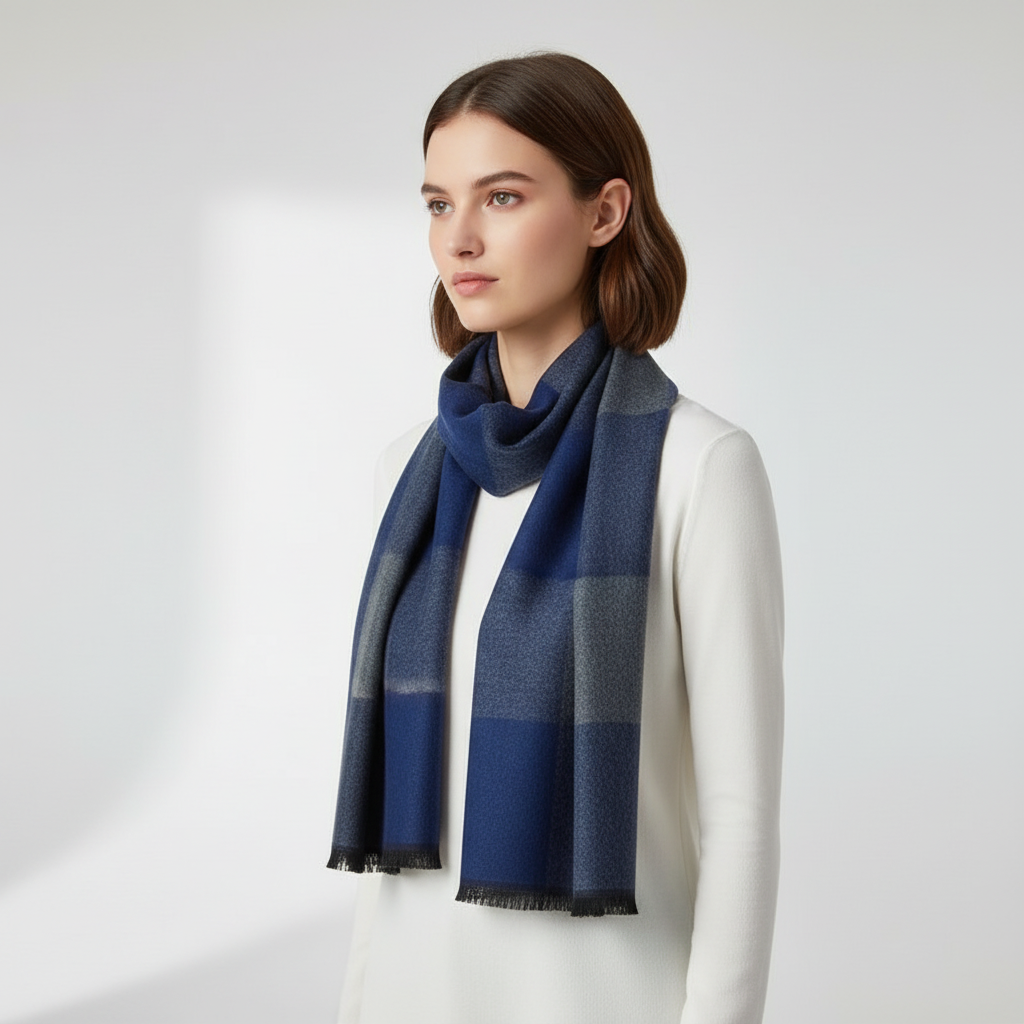 Checkered Knit Blend Fringed Hem Scarf
