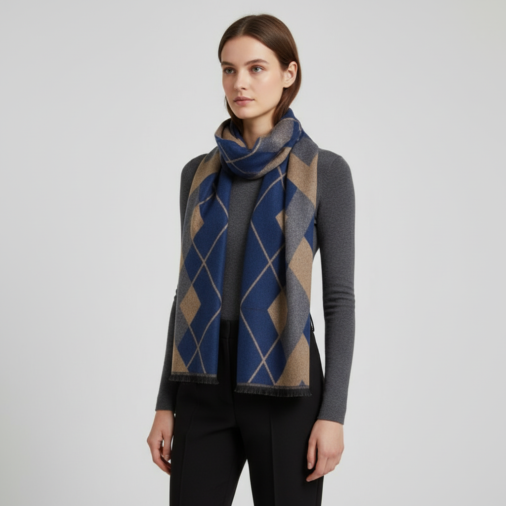 Checkered Knit Blend Fringed Hem Scarf