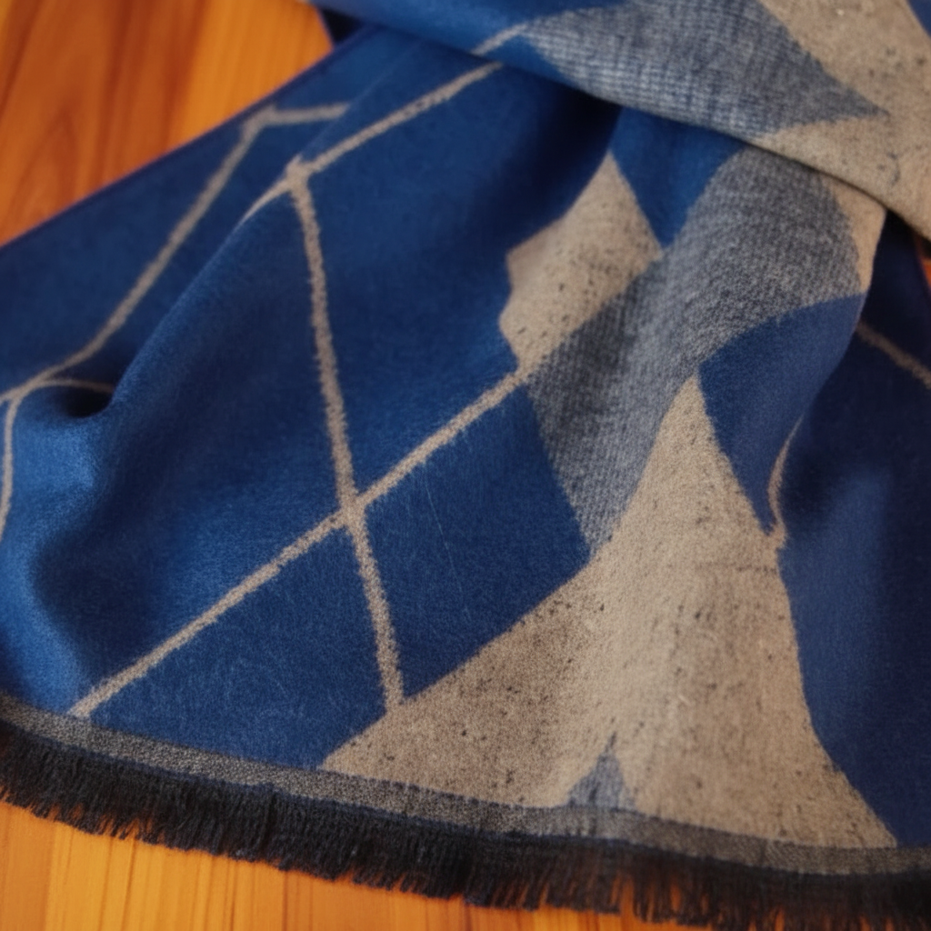 Checkered Knit Blend Fringed Hem Scarf