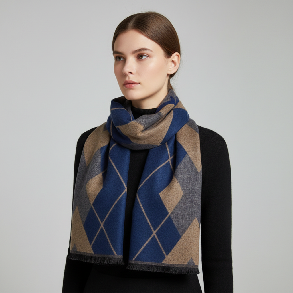 Checkered Knit Blend Fringed Hem Scarf