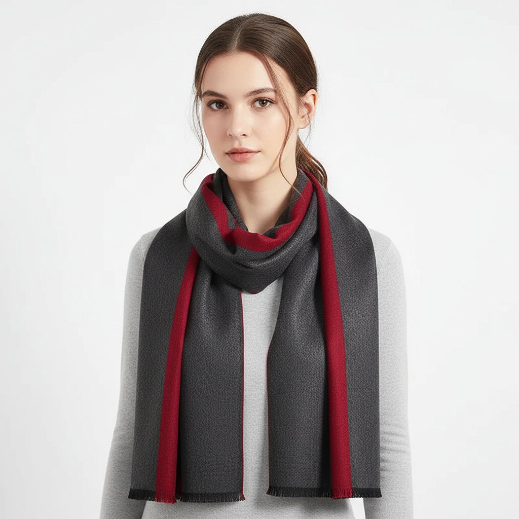 Checkered Knit Blend Fringed Hem Scarf