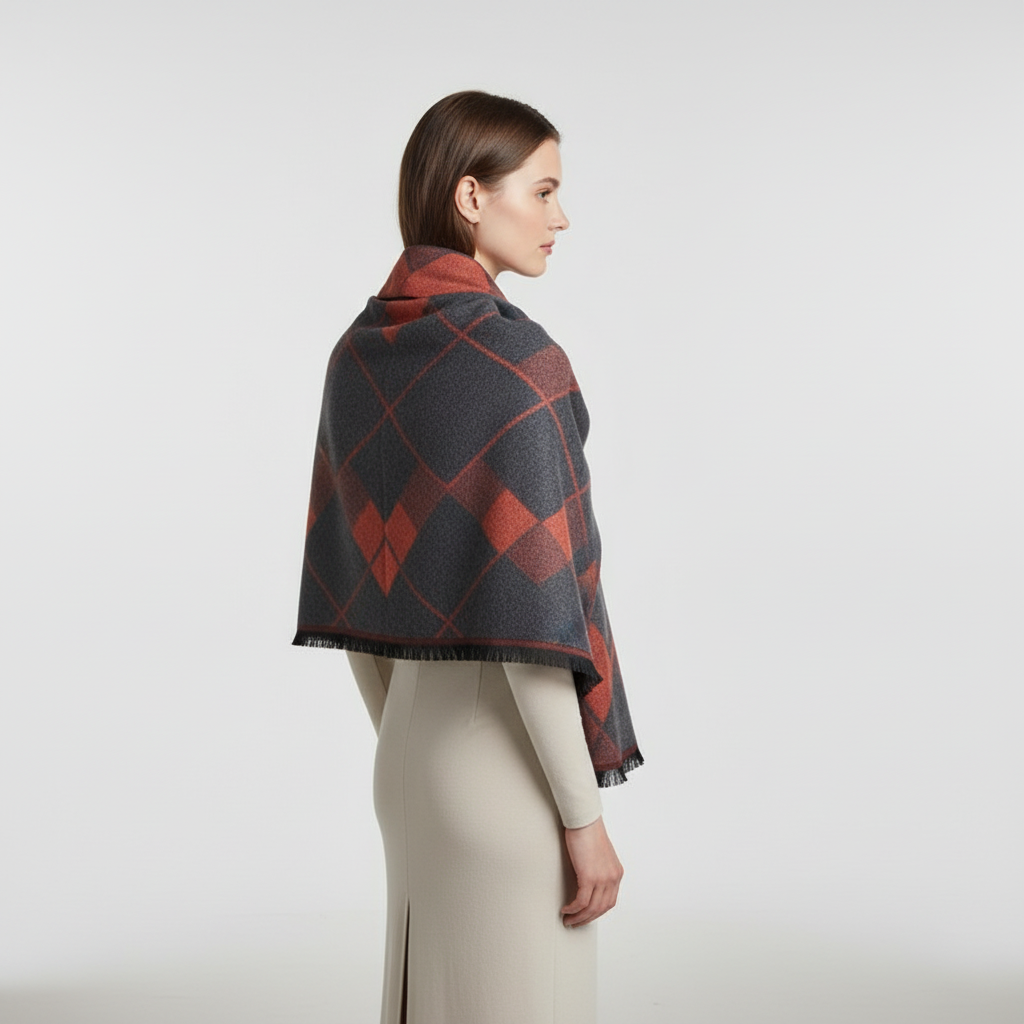 Checkered Knit Blend Fringed Hem Scarf