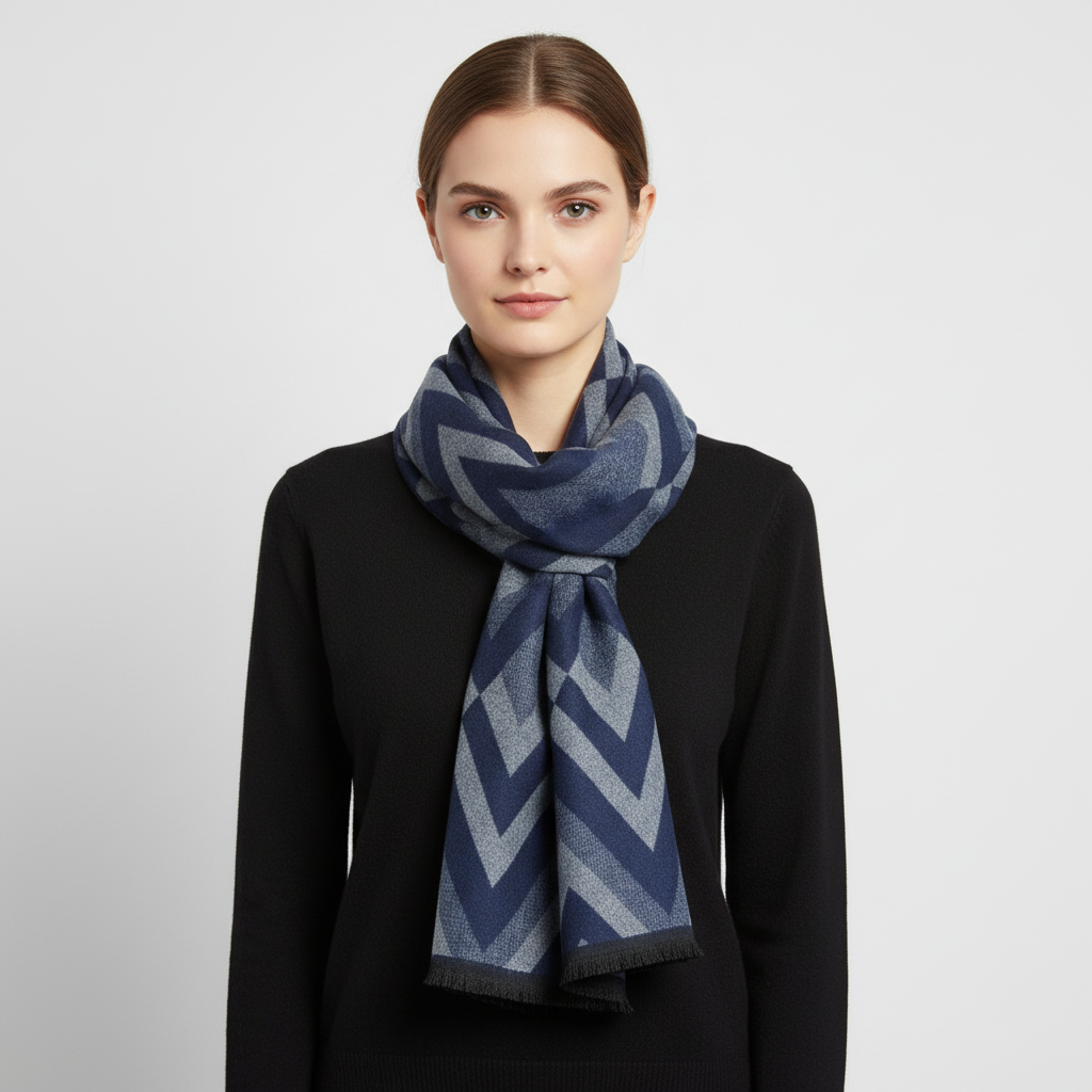 Checkered Knit Blend Fringed Hem Scarf