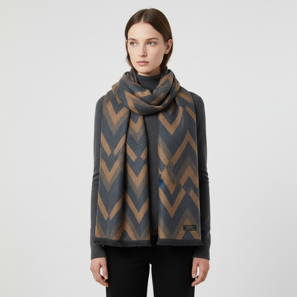 Checkered Knit Blend Fringed Hem Scarf