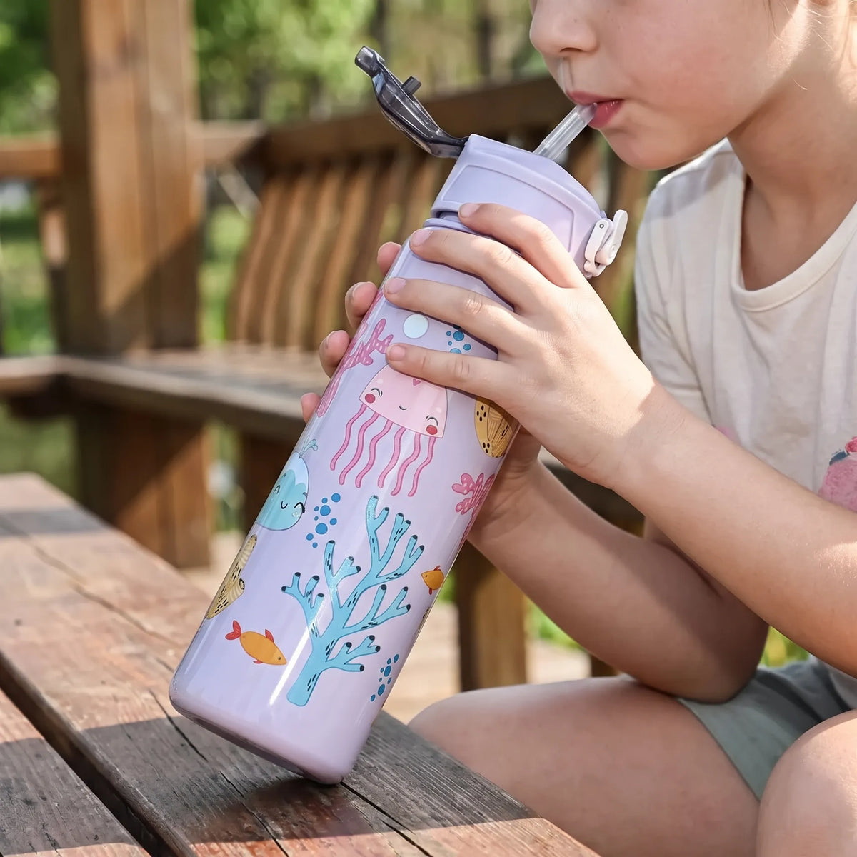 Cartoon Print Push-Button Flip-Top Straw Water Bottle