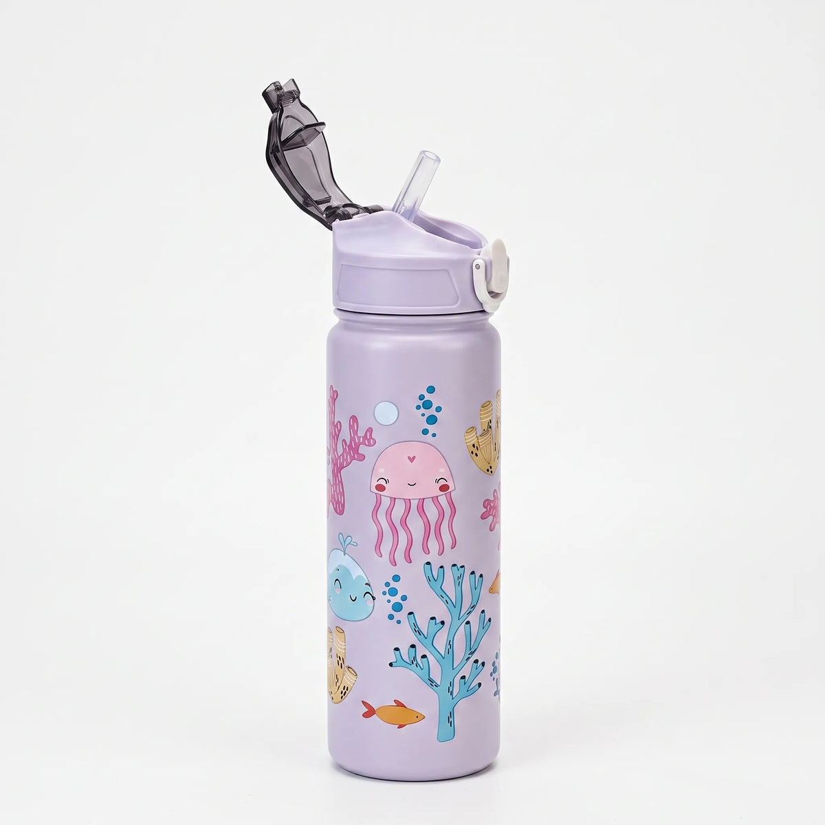 Cartoon Print Push-Button Flip-Top Straw Water Bottle