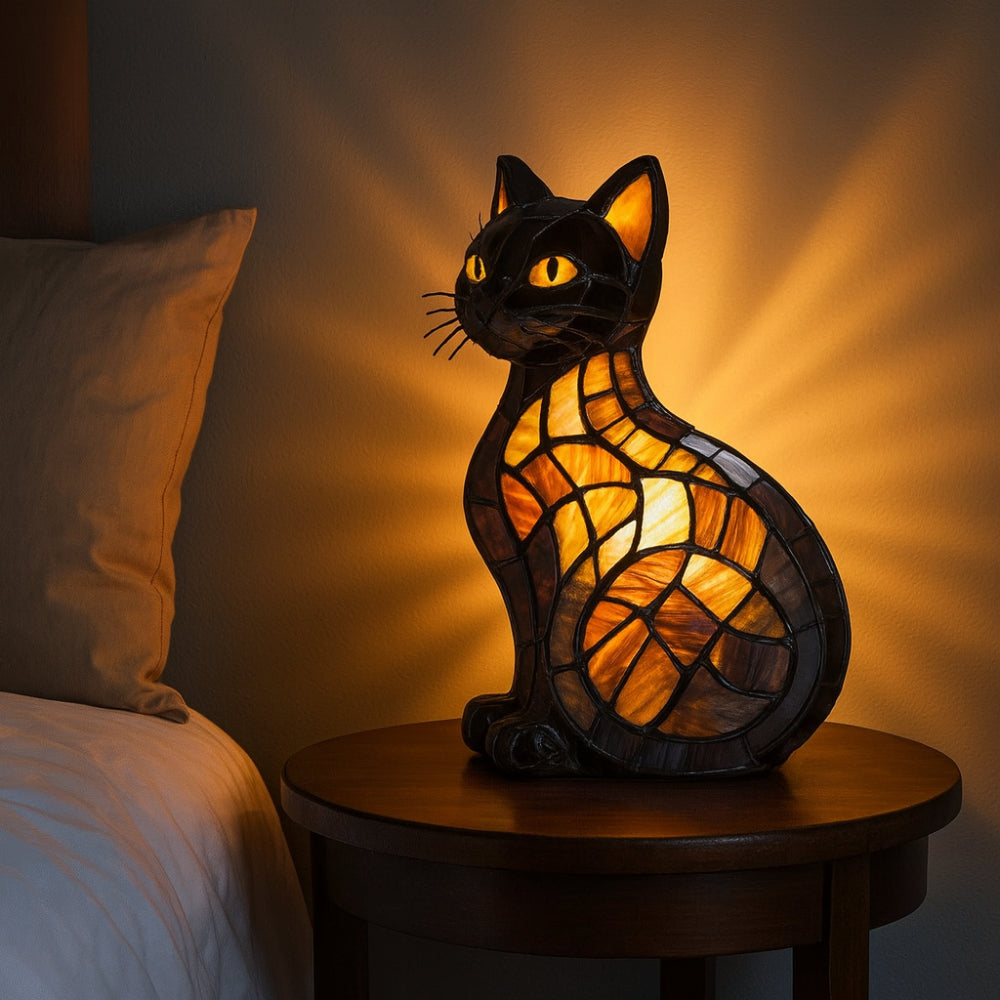 Cat Figure Resin Ambient Glow Bedside Stained Glass Table Lamp