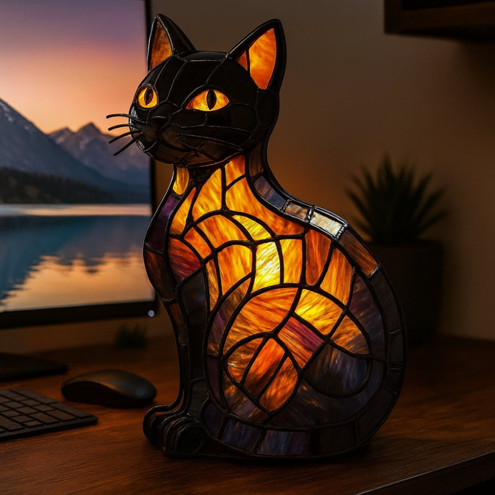 Cat Figure Resin Ambient Glow Bedside Stained Glass Table Lamp