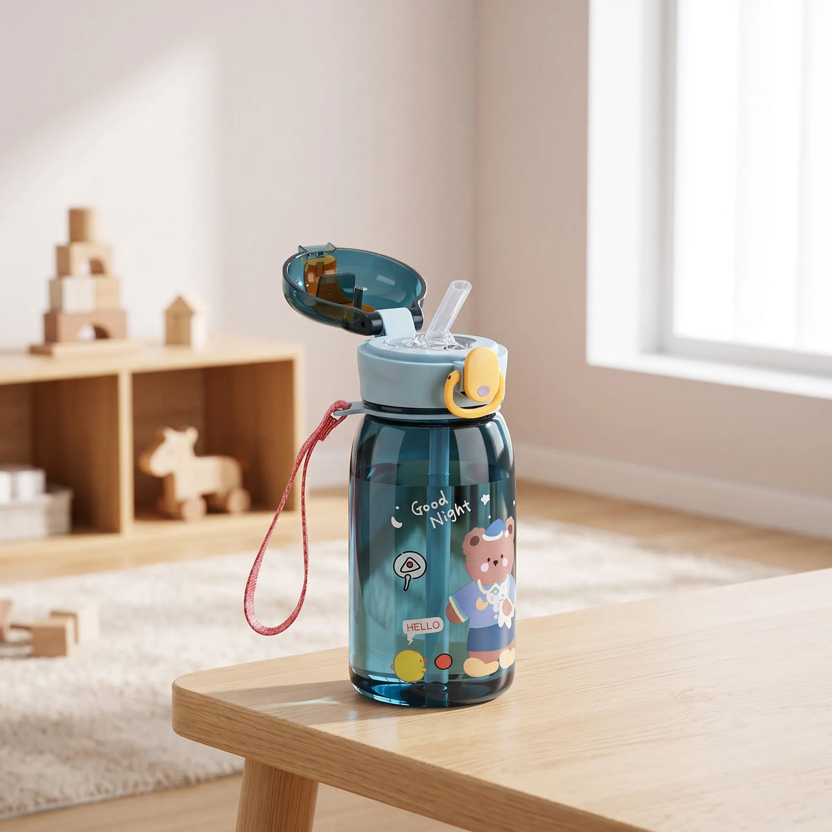 Clear Bear Graphic Push-Button Straw Kids Water Bottle