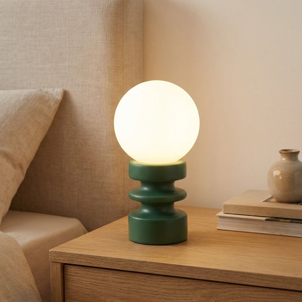 Compact Mid Century Globe Frosted Glass Wood Base Table Lamp