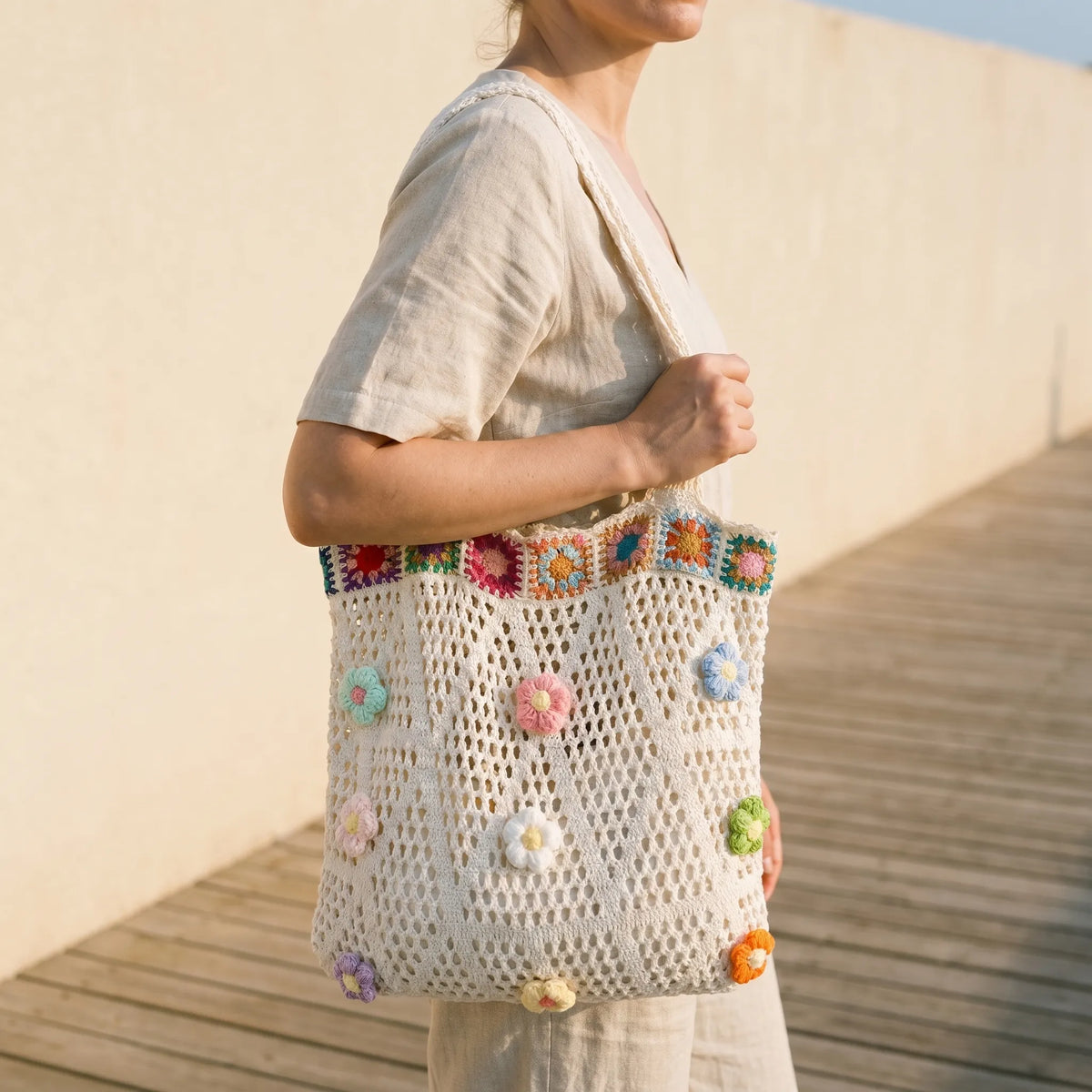 Slouchy Crochet Flower Open Weave Cotton Shoulder Tote Handbag