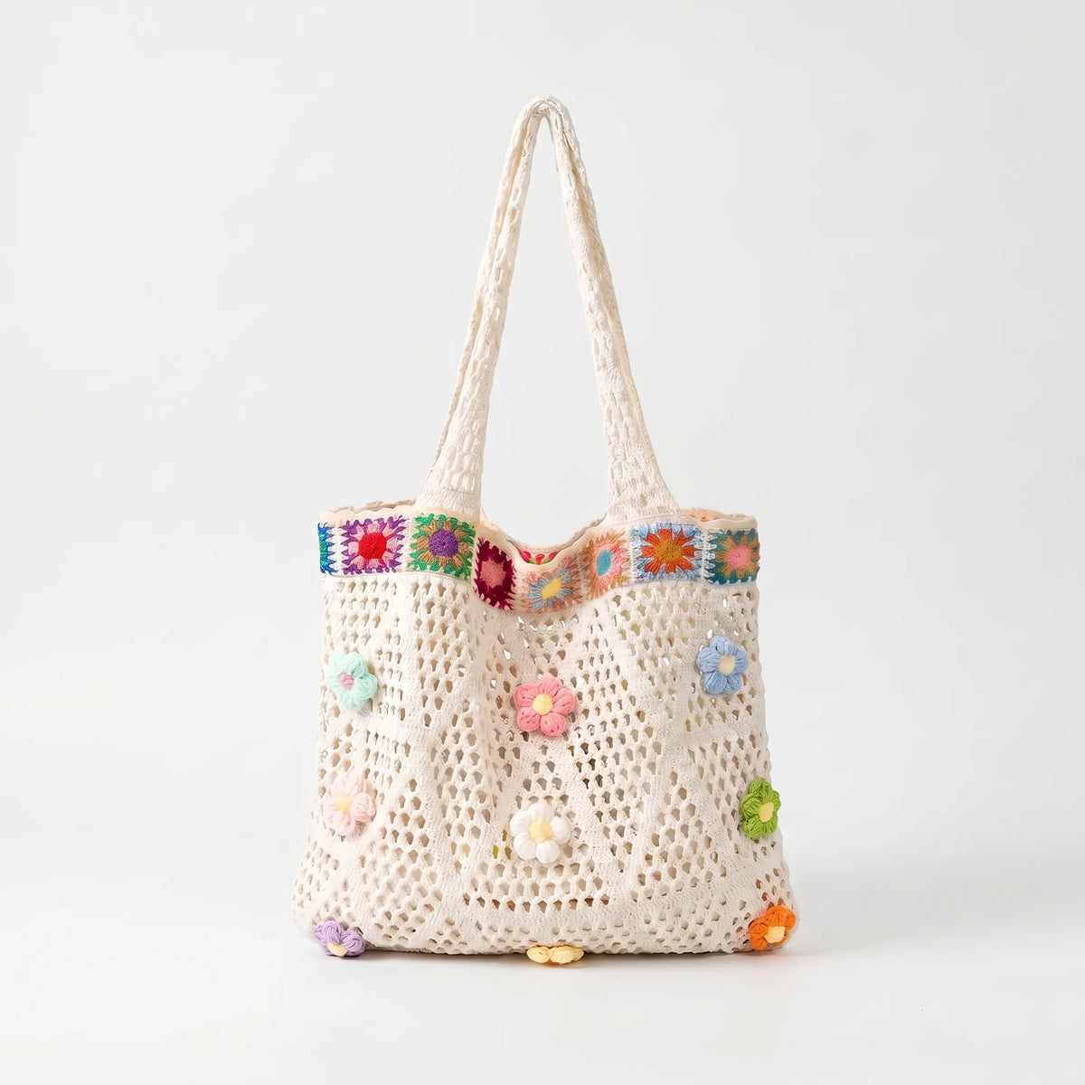 Slouchy Crochet Flower Open Weave Cotton Shoulder Tote Handbag