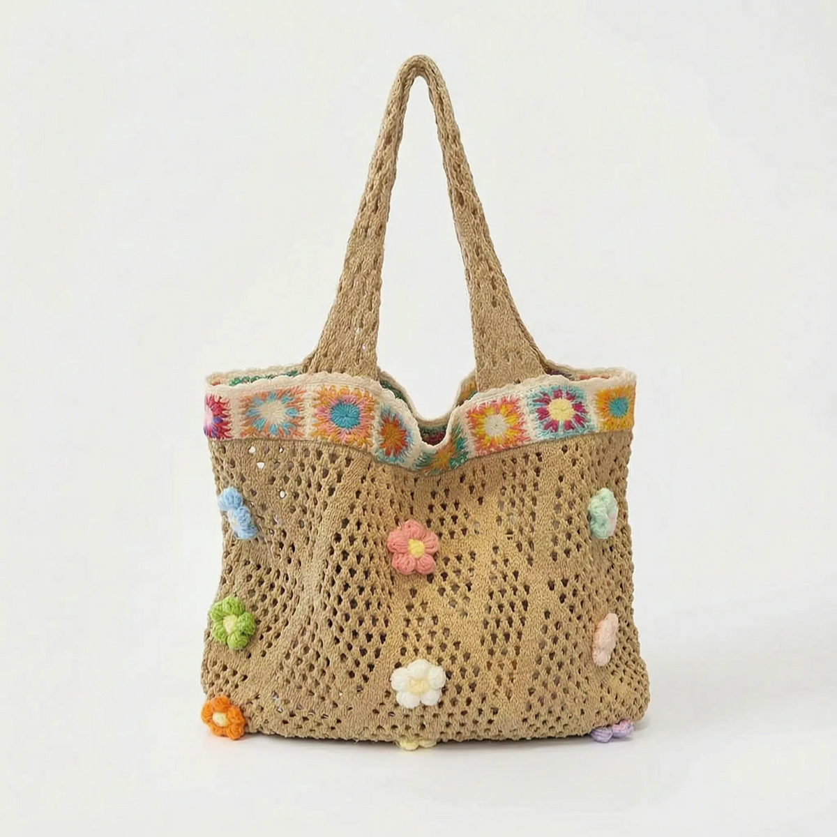 Slouchy Crochet Flower Open Weave Cotton Shoulder Tote Handbag