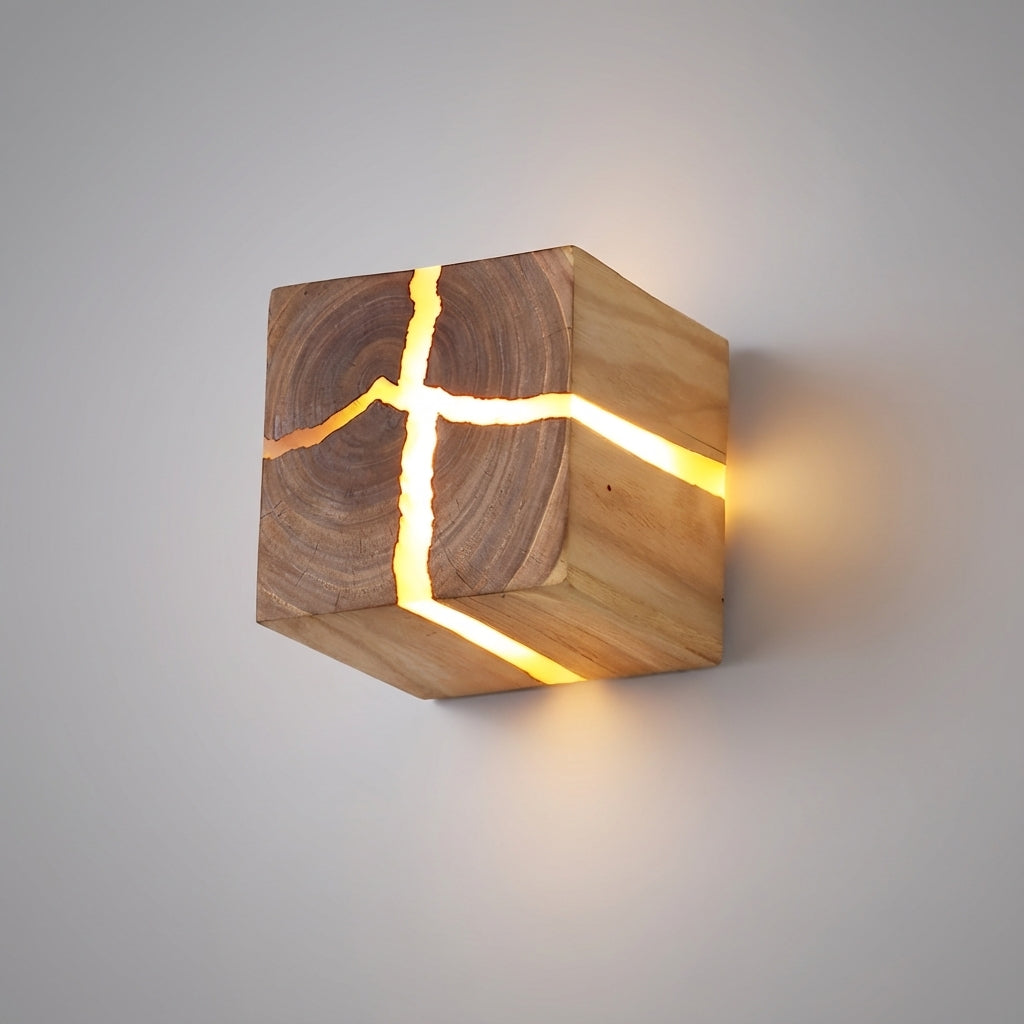 Handcrafted Wooden Cube Cracked Grain Wall Light
