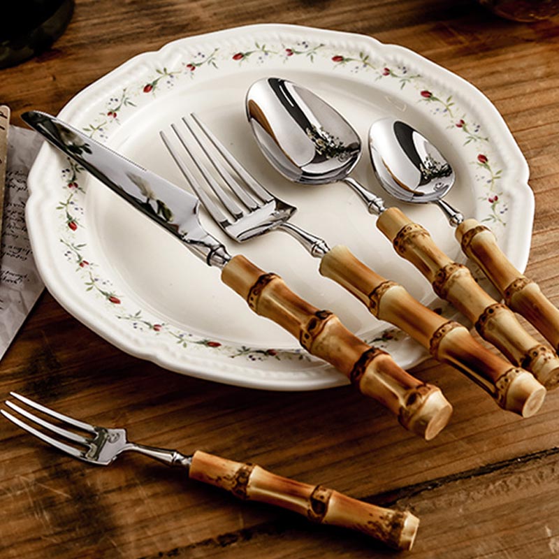 Sustainable Natural Bamboo Handle Stainless Steel Cutlery Set