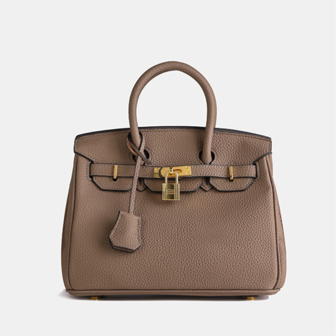 Structured Textured Synthetic Leather Top Handle Handbag With Lock Closure