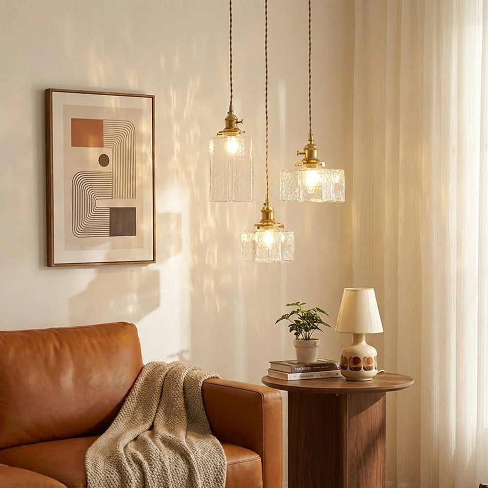 Sculptural Glass and Brass Adjustable Hardwired Kitchen Pendant Light