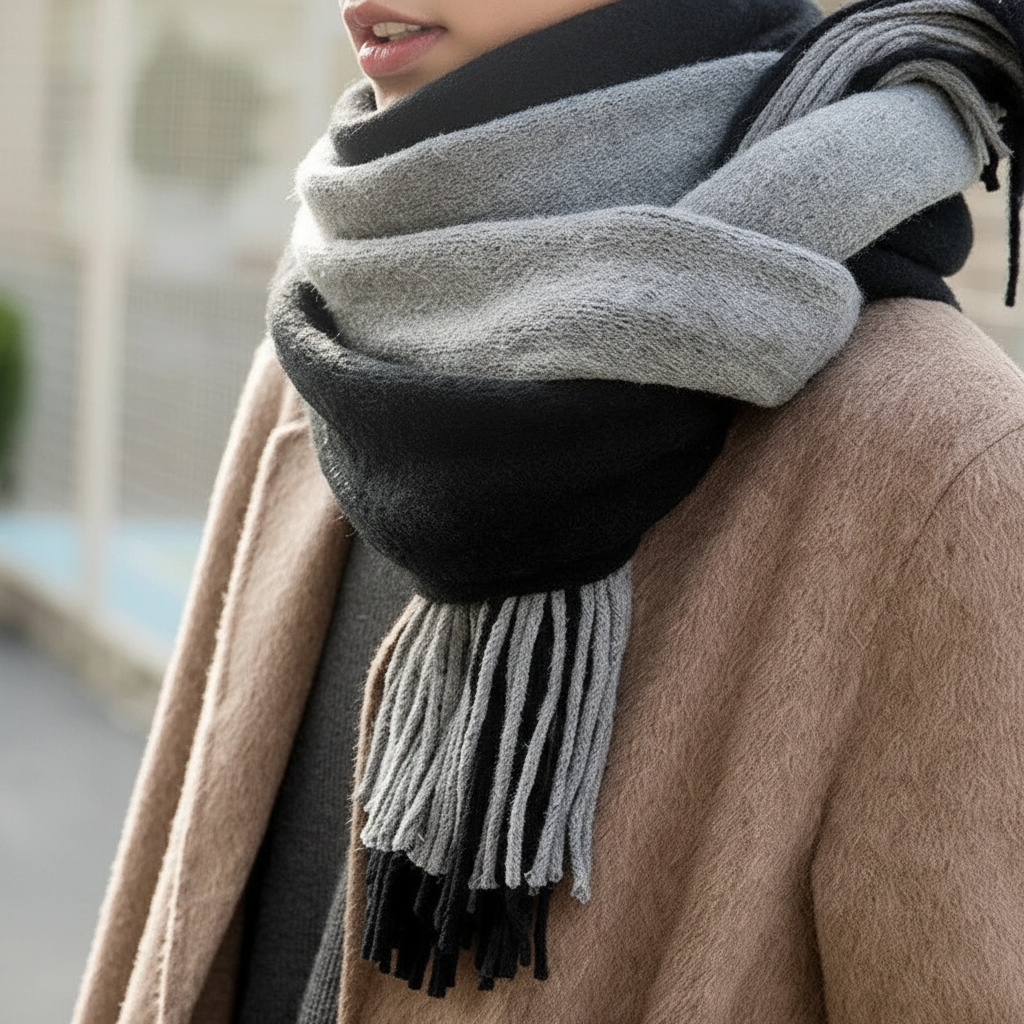 Extra Long Fringed Wrap Two-Tone Scarf